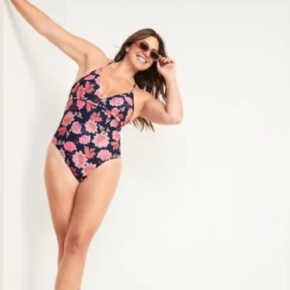 Old Navy V-Neck Ruffle Trim One-Piece Swimsuit - Navy Floral, XL - Picture 1 of 9